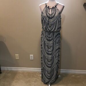 London Times Black/Tan/Gray Halter Maxi Dress with Beading Along Neckline-10